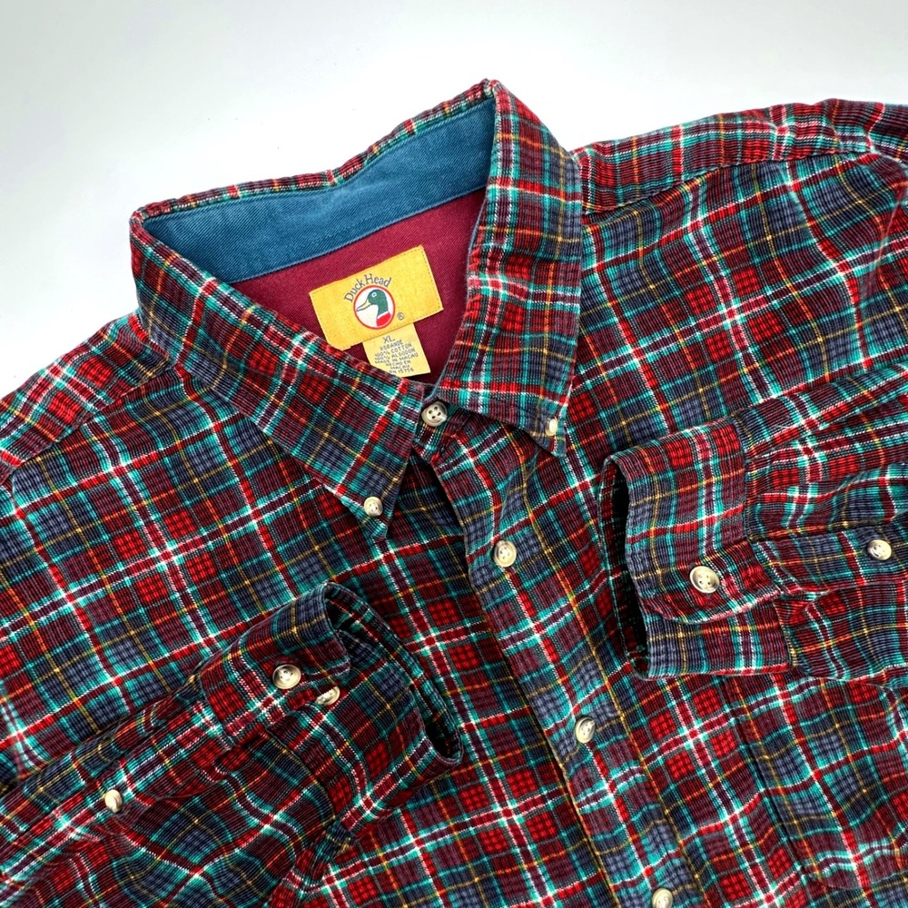 Duck Head Mens XL Corduroy Plaid Button Down Shirt Red Blue Green Long Sleeve